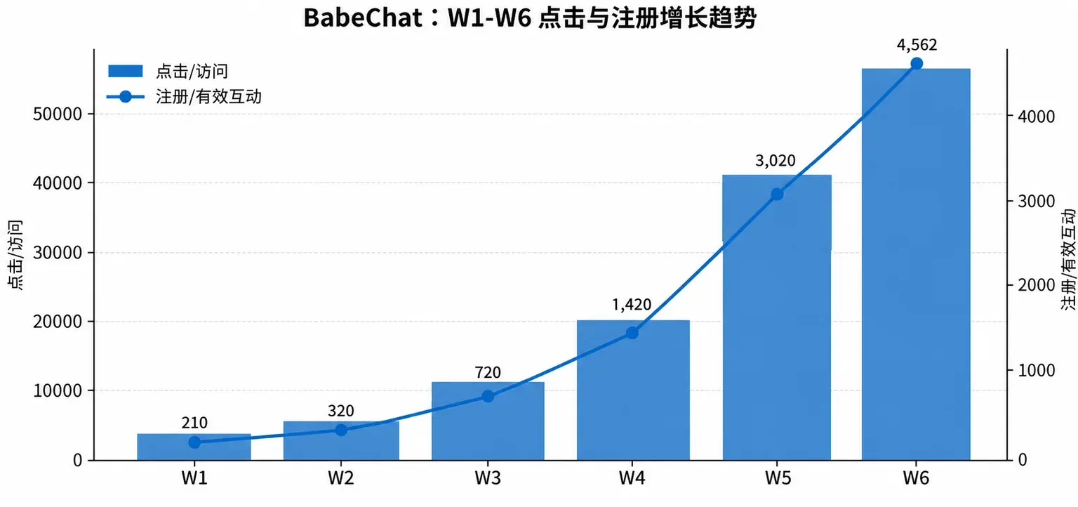 BabeChat W1-W6 点击与注册增长趋势