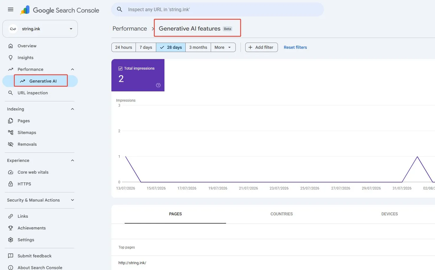 Google Search Console 的 Generative AI features 性能报告（Performance > Generative AI，Beta）