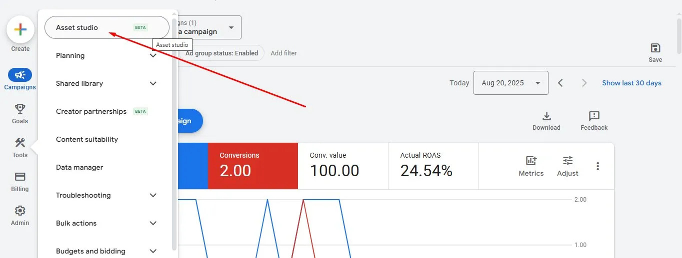 Google Ads 工具菜单中的 Asset studio（Beta）入口