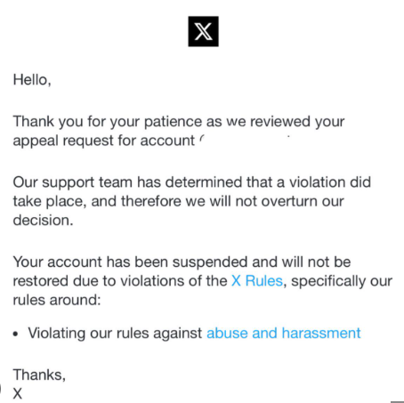 X 账号申诉未通过通知示例